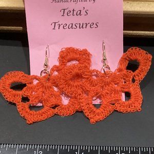 Earrings Orange Butterfly Crocheted Crochet Hand Crafted
